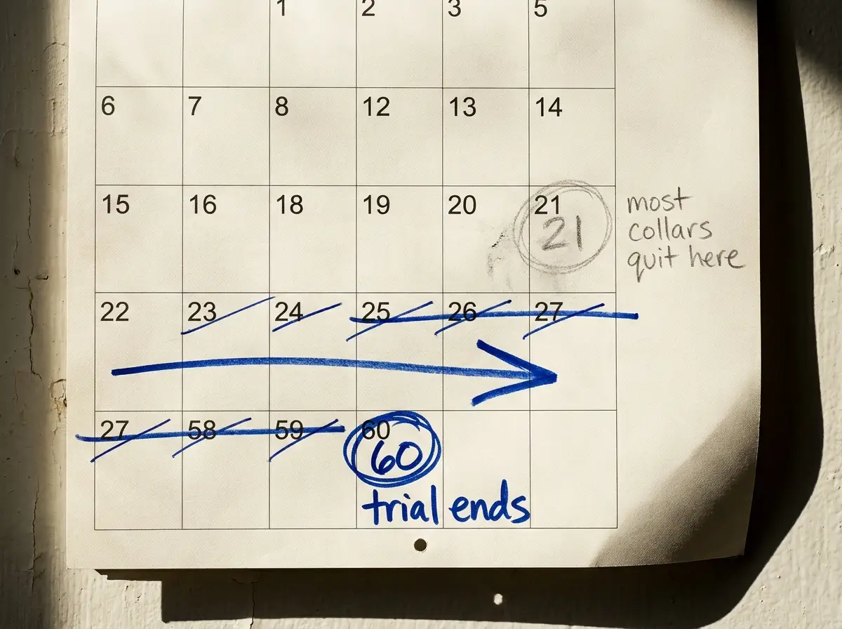 A calendar with day 21 circled as most collars quit here and day 60 circled as trial ends