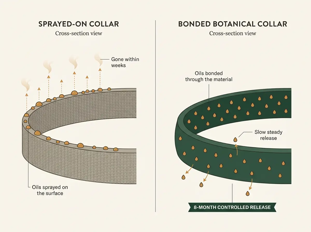 Cross-section diagram comparing oils sprayed on the surface of a band with oils bonded through the material