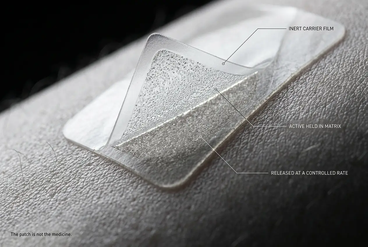 Macro of a translucent transdermal patch on skin, labelled inert carrier film, active held in matrix, released at a controlled rate
