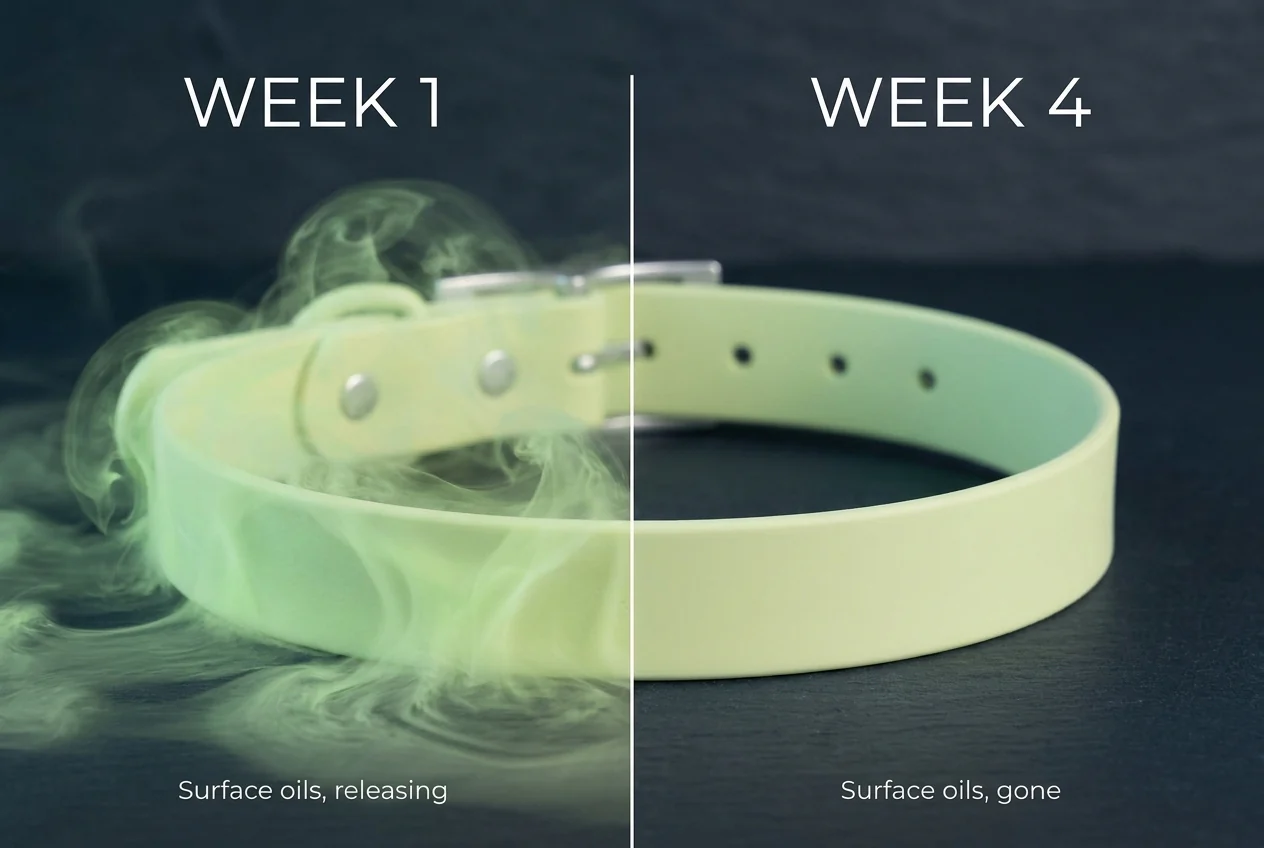 Comparison of a plant collar releasing heavy vapor in week one and none by week four