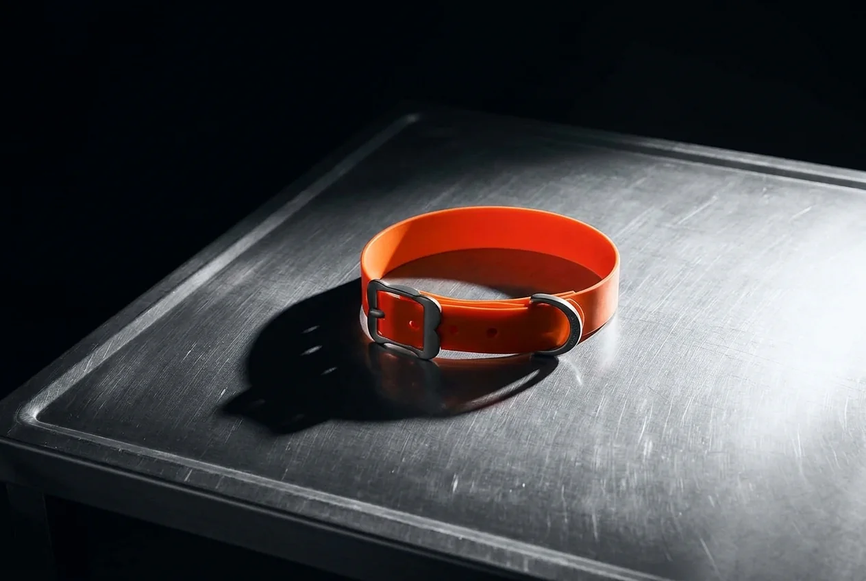A single orange flea collar under a hard spotlight on a steel surface, shot like evidence
