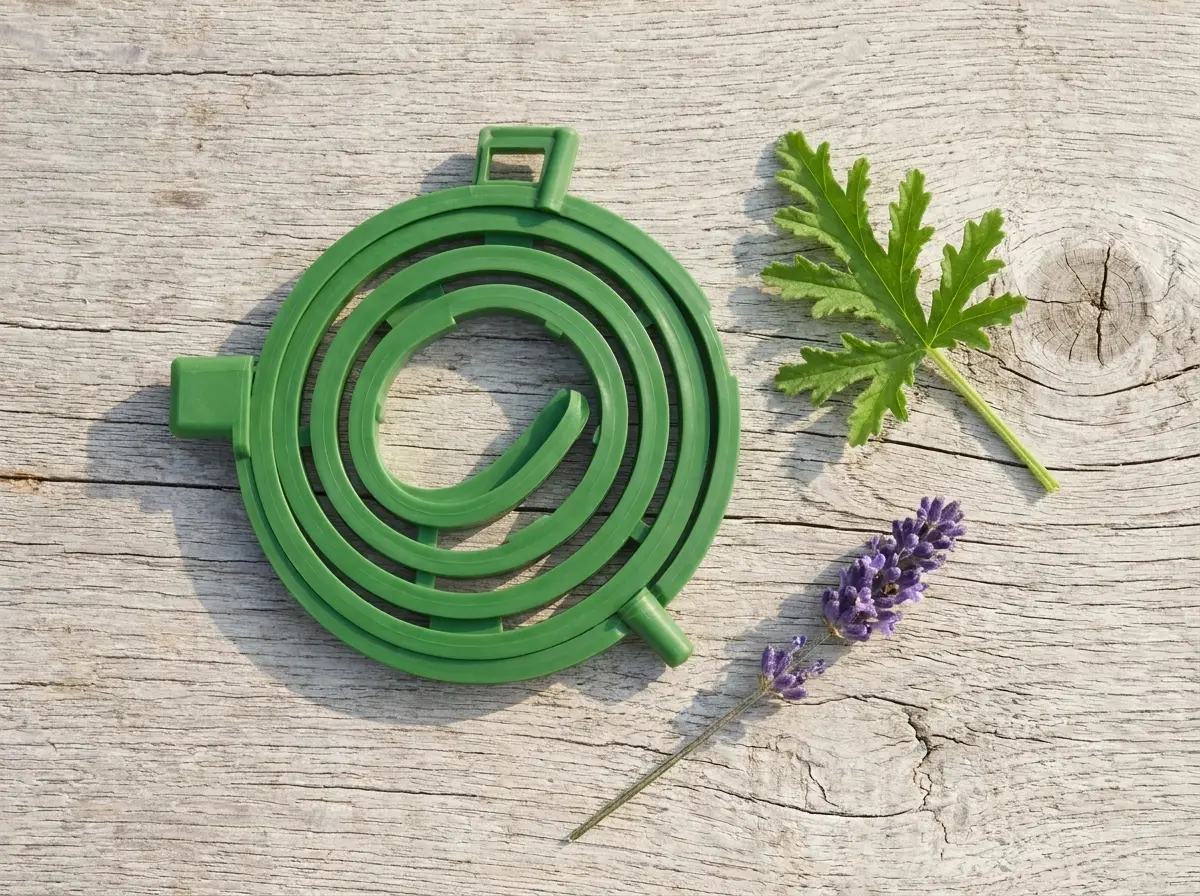 The Wildroot botanical collar laid on oak wood with fresh citronella, dried lavender and an amber oil bottle