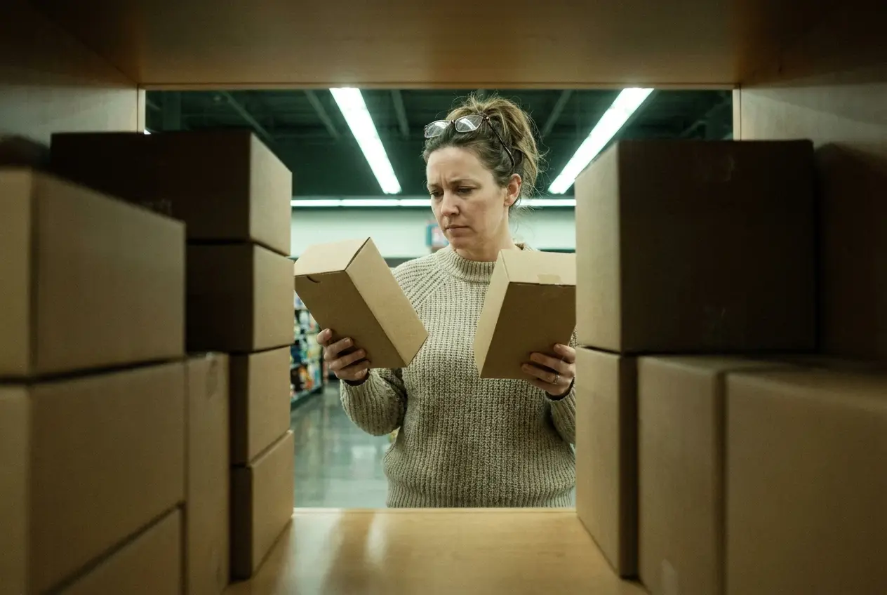 View from inside a store shelf looking out at a woman holding two flea collar boxes, deciding