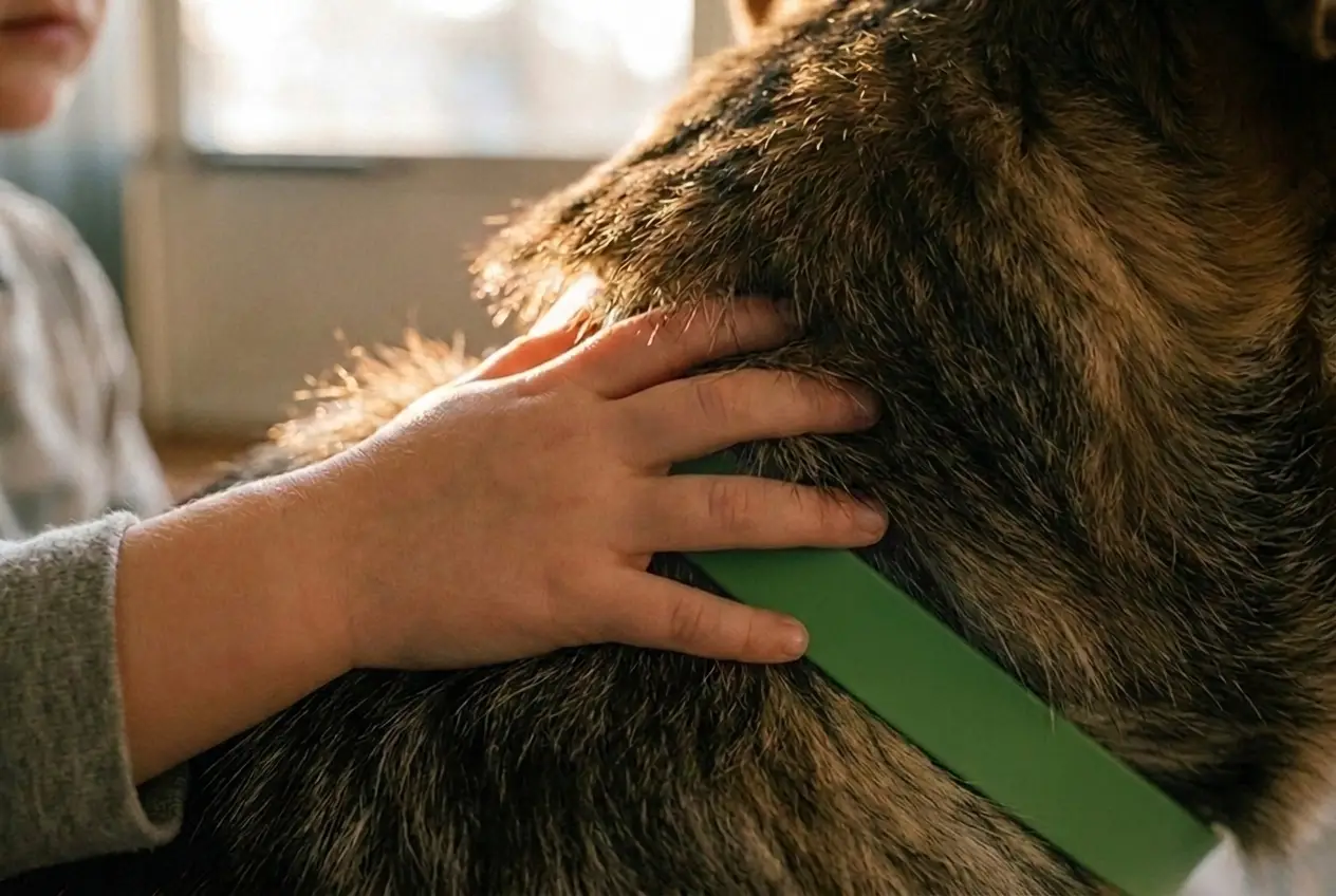 Backlit macro of a child's hand resting in a dog's fur beside the collar