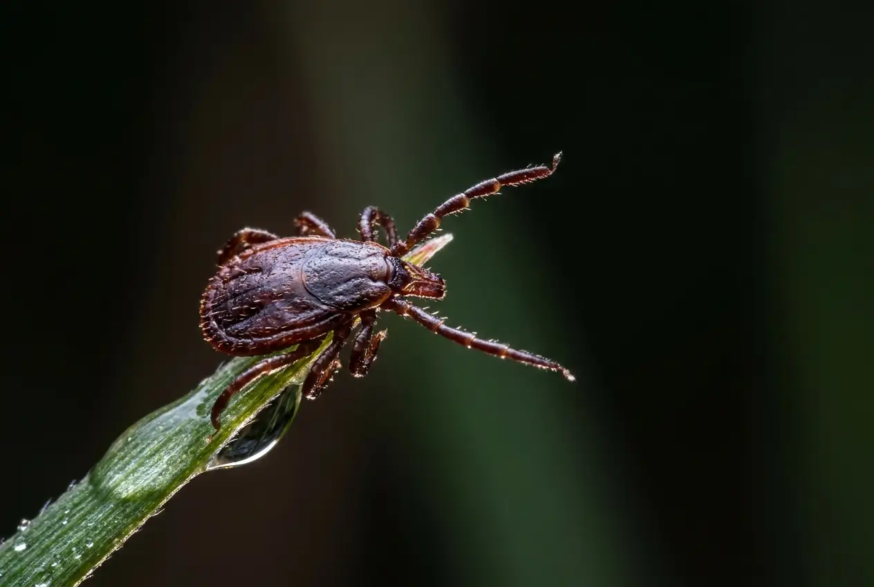 Macro of a single deer tick perched on the tip of a grass blade in the questing posture