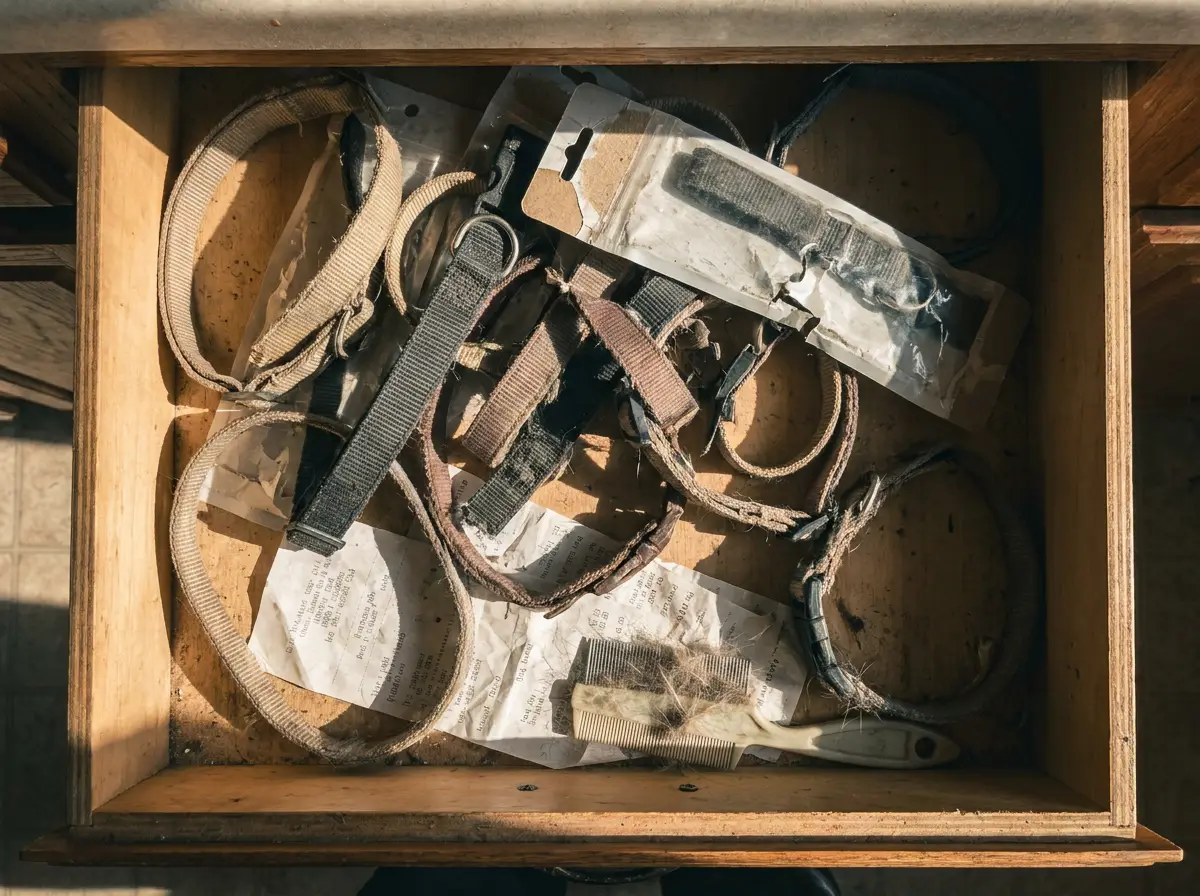 Overhead view of a drawer full of used, faded natural flea collars, a powder canister and a spray bottle