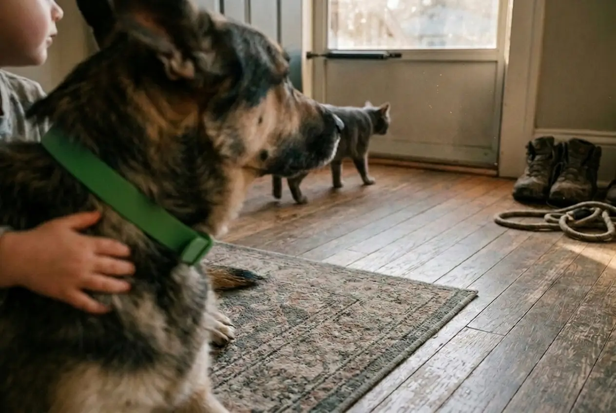 Floor level view of a large dog with a toddler's hand in his fur, a cat walking past, hiking boots by the door