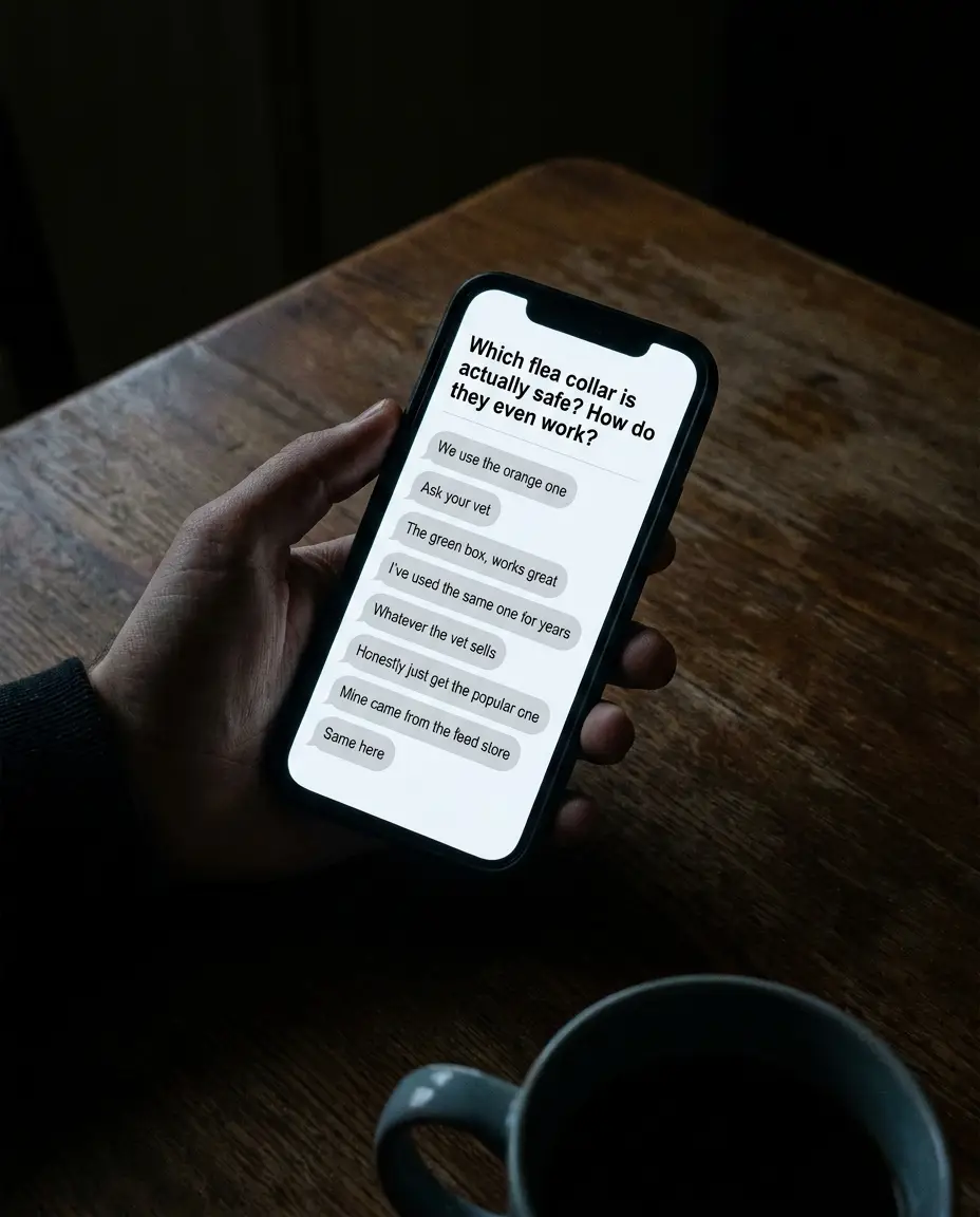 A phone screen showing a forum thread where every reply names a product but none explains how it works