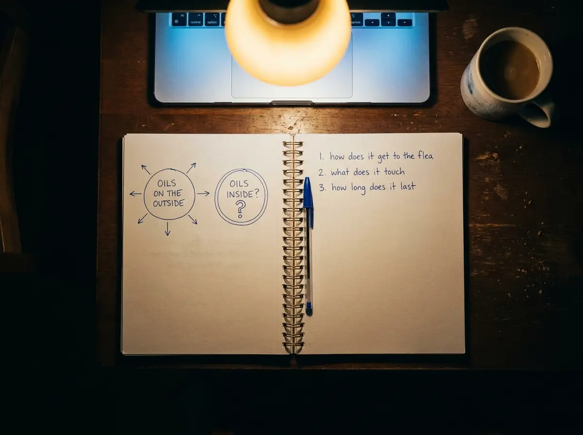 An open notebook at night with a hand-drawn diagram of two collar cross-sections and a list of questions