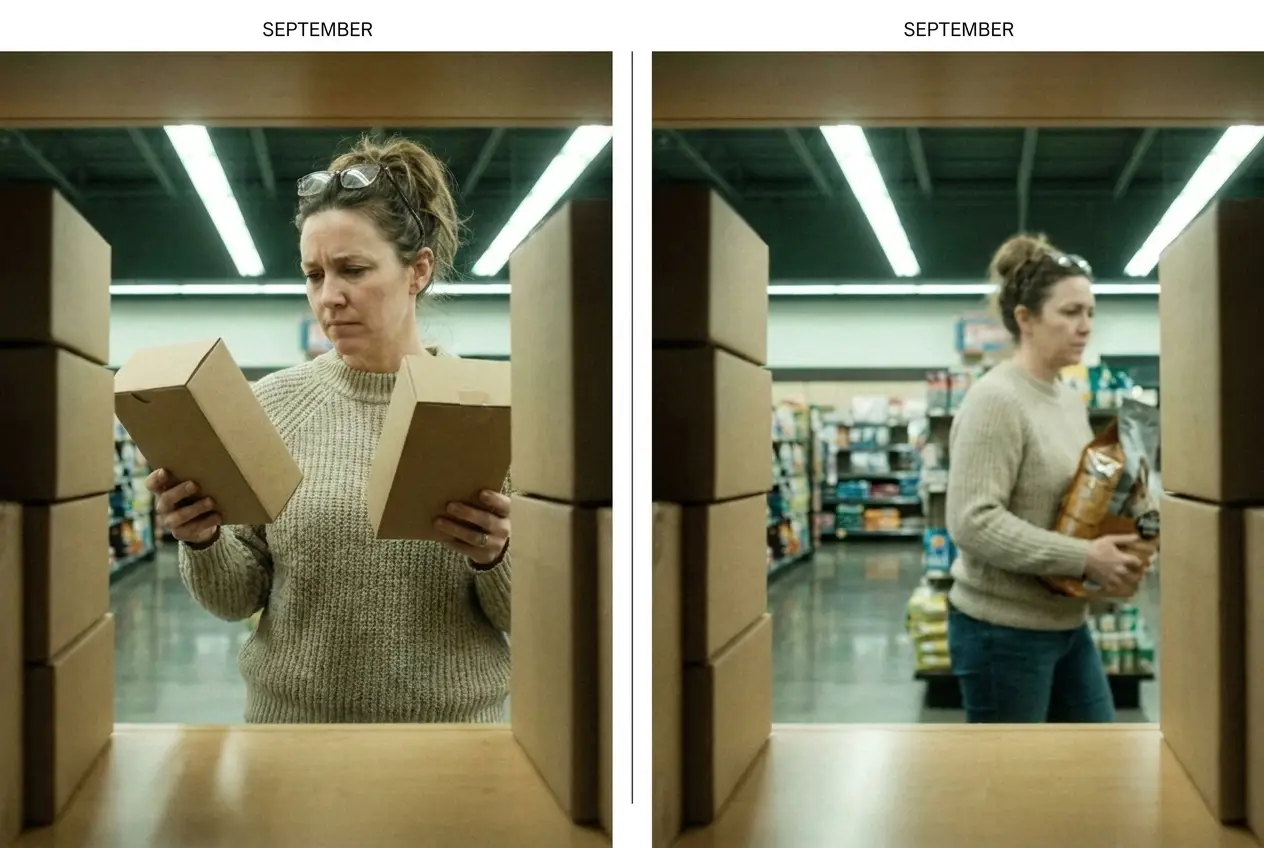 Split image, the same woman still stuck at the shelf in September on the left, walking past it free on the right