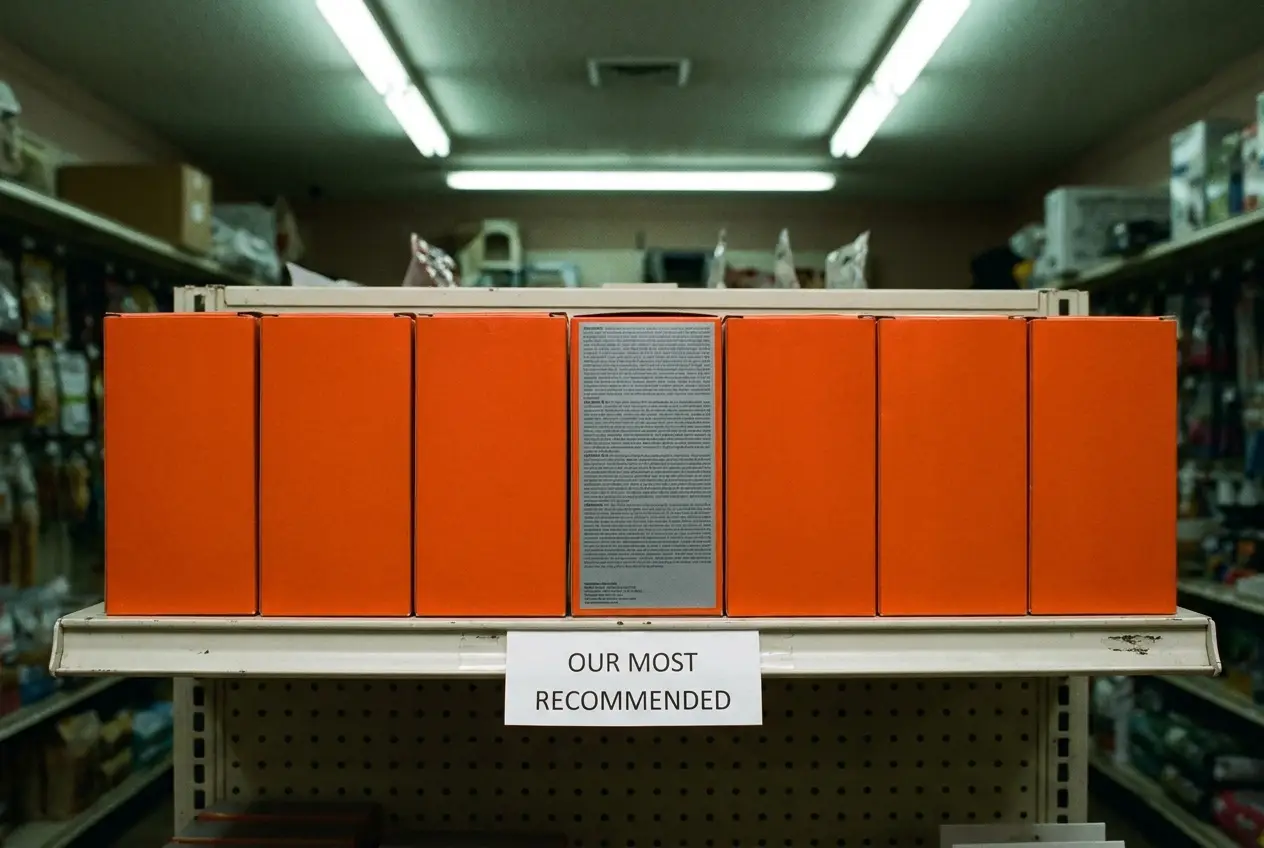A pet store shelf of orange flea collar boxes under a printed sign reading our most recommended