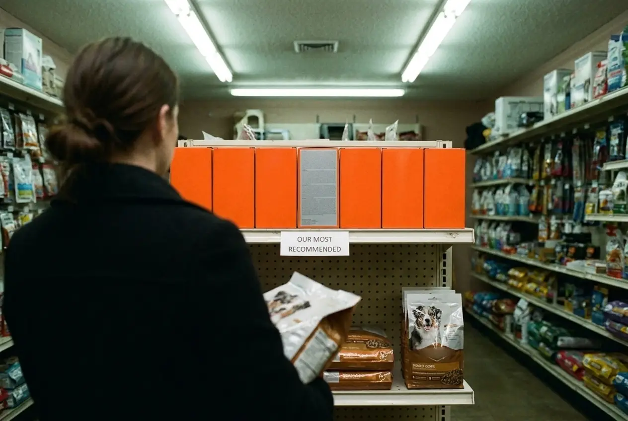 A woman walking away down the aisle past the shelf of orange boxes, one gone from the row