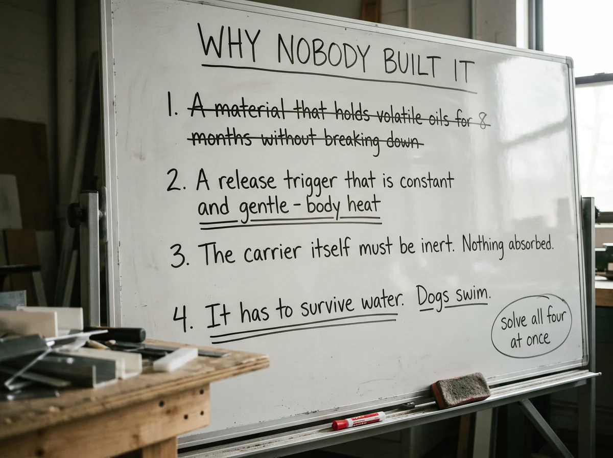 A workshop whiteboard headed why nobody built it, listing four engineering problems that had to be solved at once